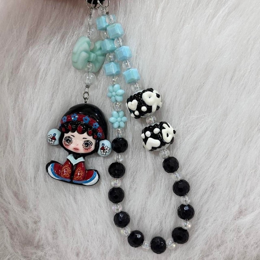Beaded Phone Charm Chinese Peking Opera Doll Wrist Strap Bag Keychain Cute